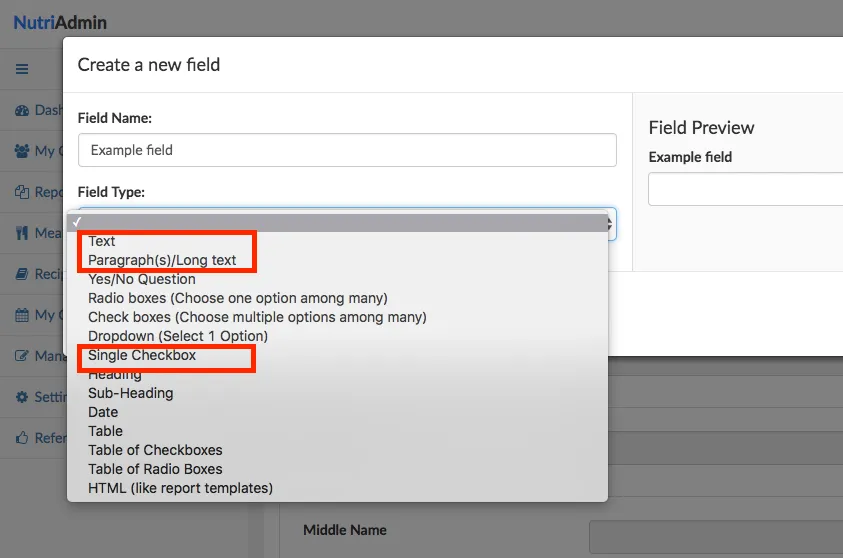 field types NutriAdmin